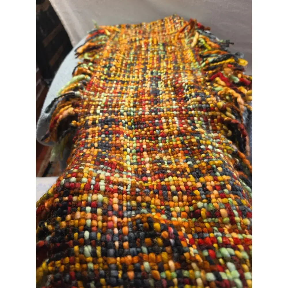 Handwoven Infinity Scarf Wool Blend Artisan Loop Cowl Fringe Autumn Chunky